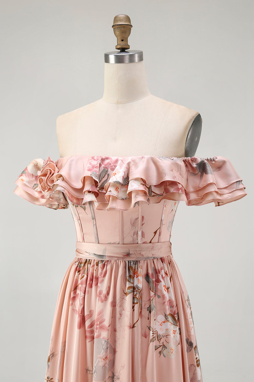 Floral Blush Corset Satin Long A-Line Wedding Guest Dress with Bow