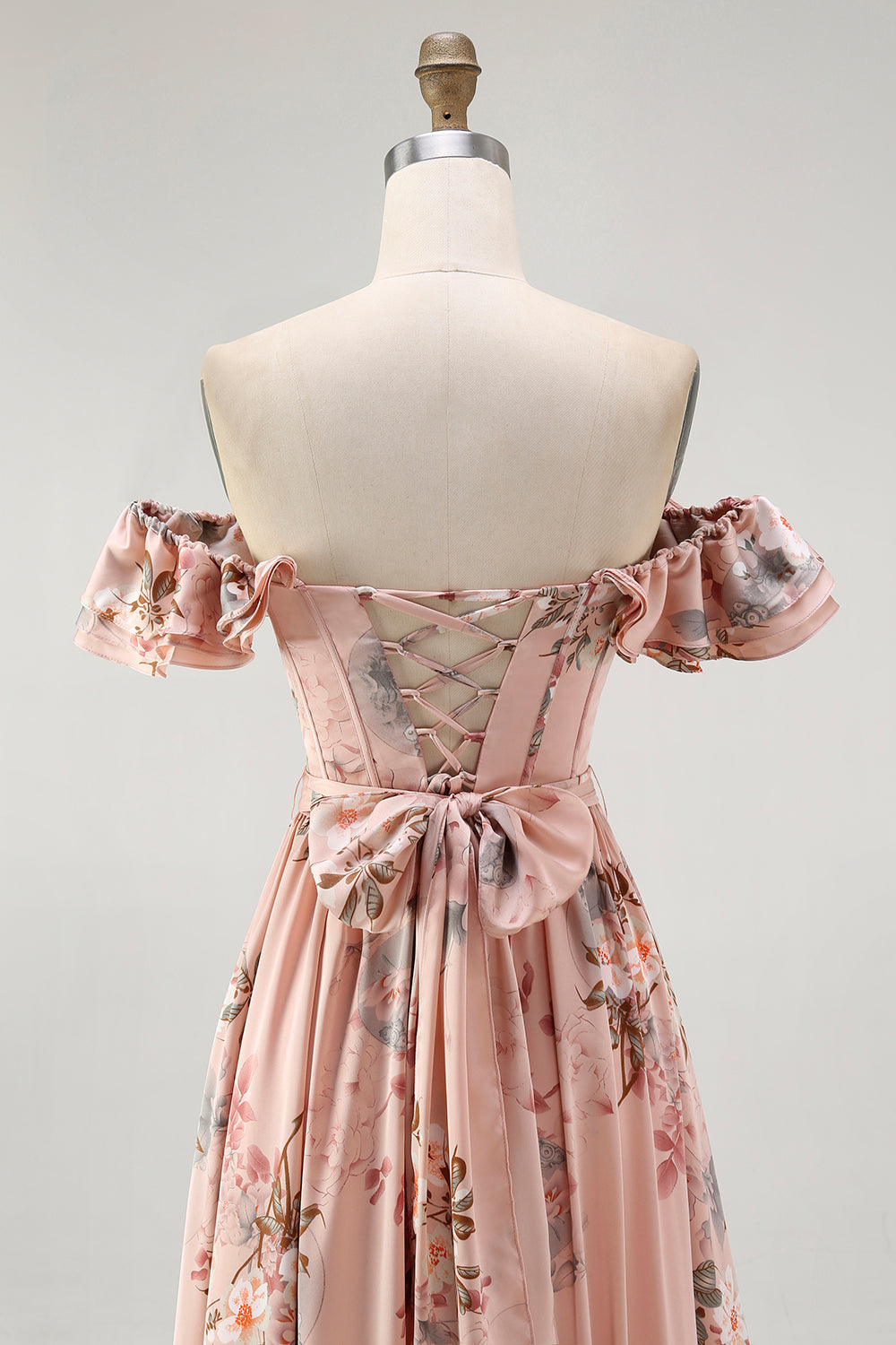 Floral Blush Corset Satin Long A-Line Wedding Guest Dress with Bow