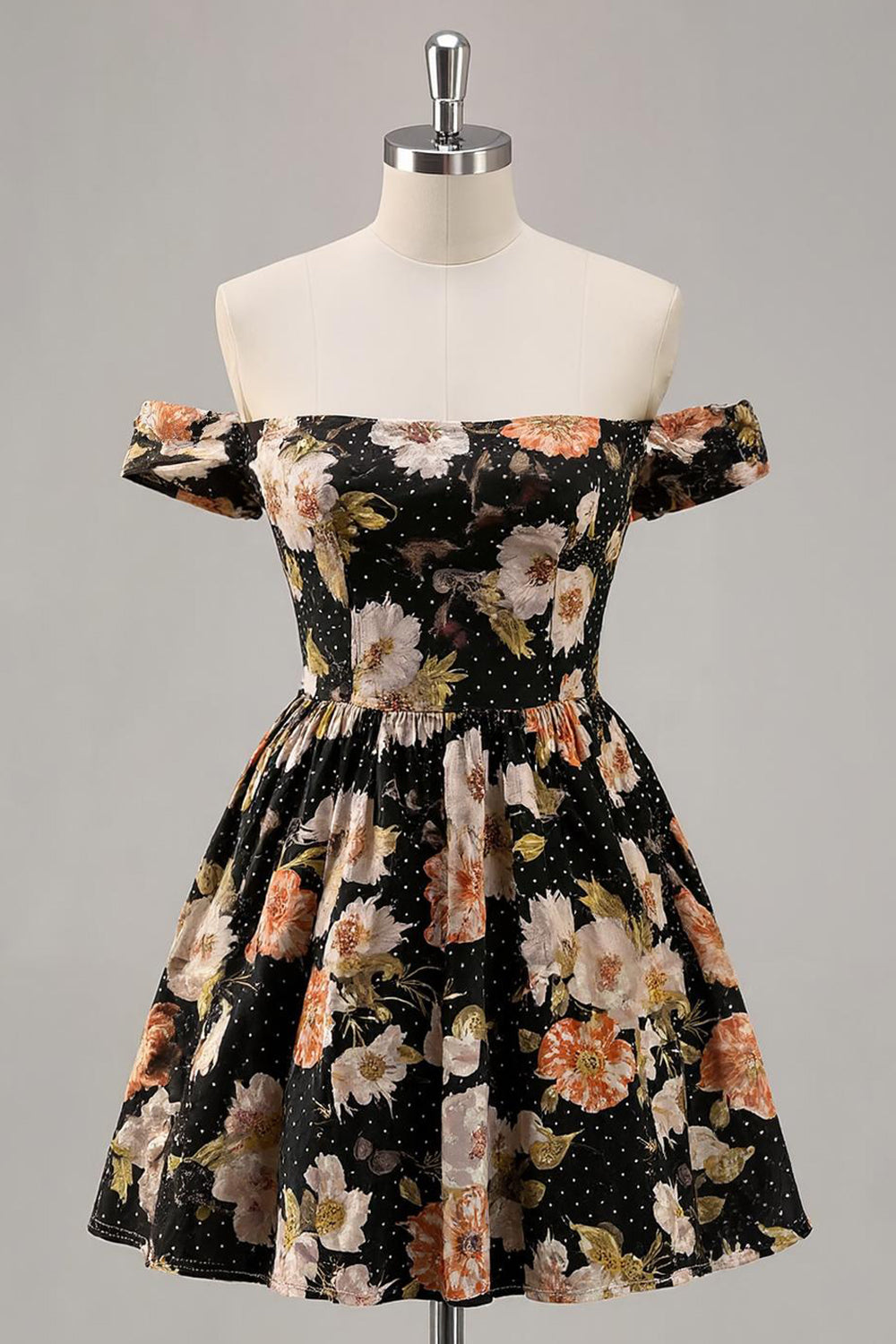Sparkly Floral Black A Line Off The Shoulder Short Homecoming Dress