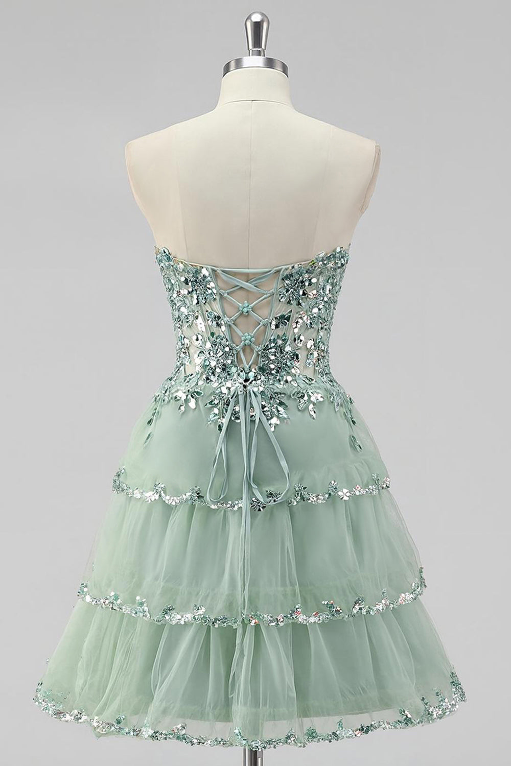 Sparkly Dusty Sage A Line Tiered Strapless Short Homecoming Dress