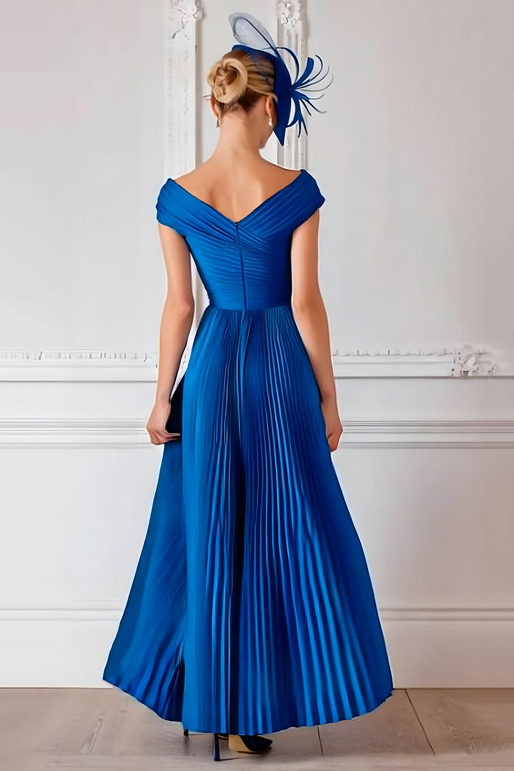 Royal Blue Satin Off the Shoulder Pleated Ruched Long Wedding Guest Dress