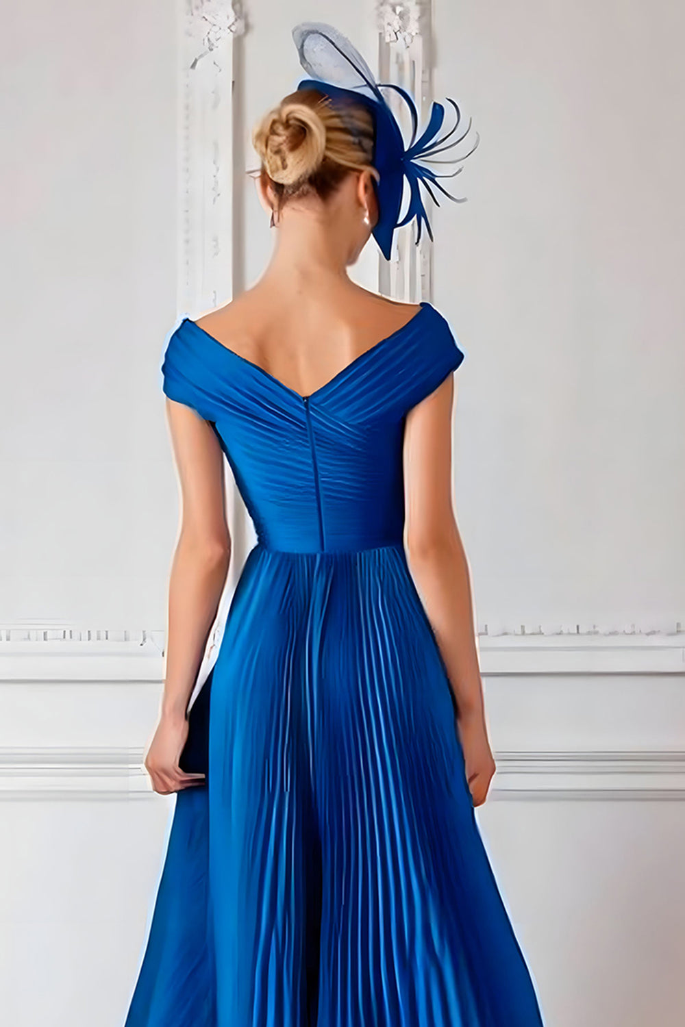Royal Blue Satin Off the Shoulder Pleated Ruched Long Wedding Guest Dress