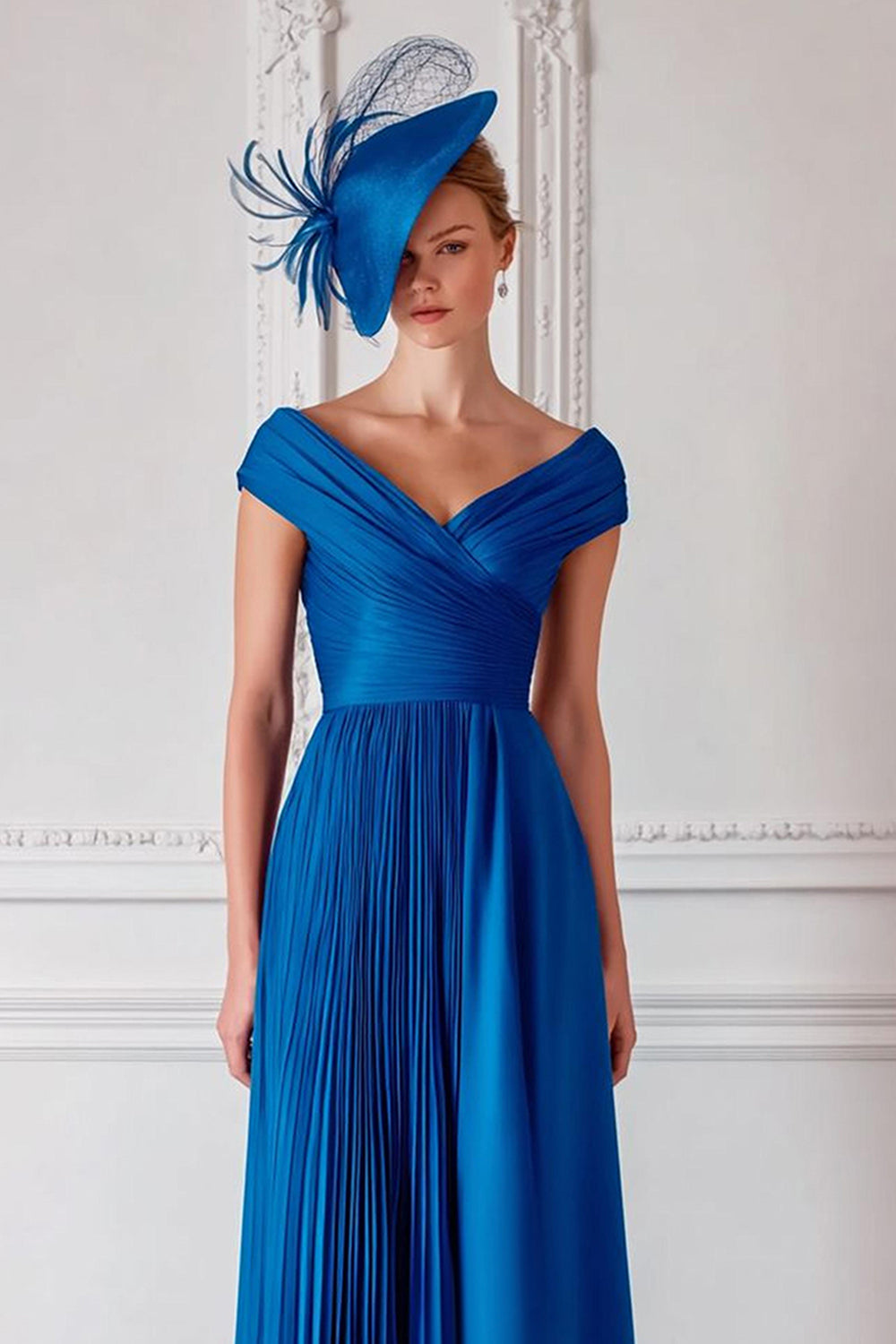 Royal Blue Satin Off the Shoulder Pleated Ruched Long Wedding Guest Dress