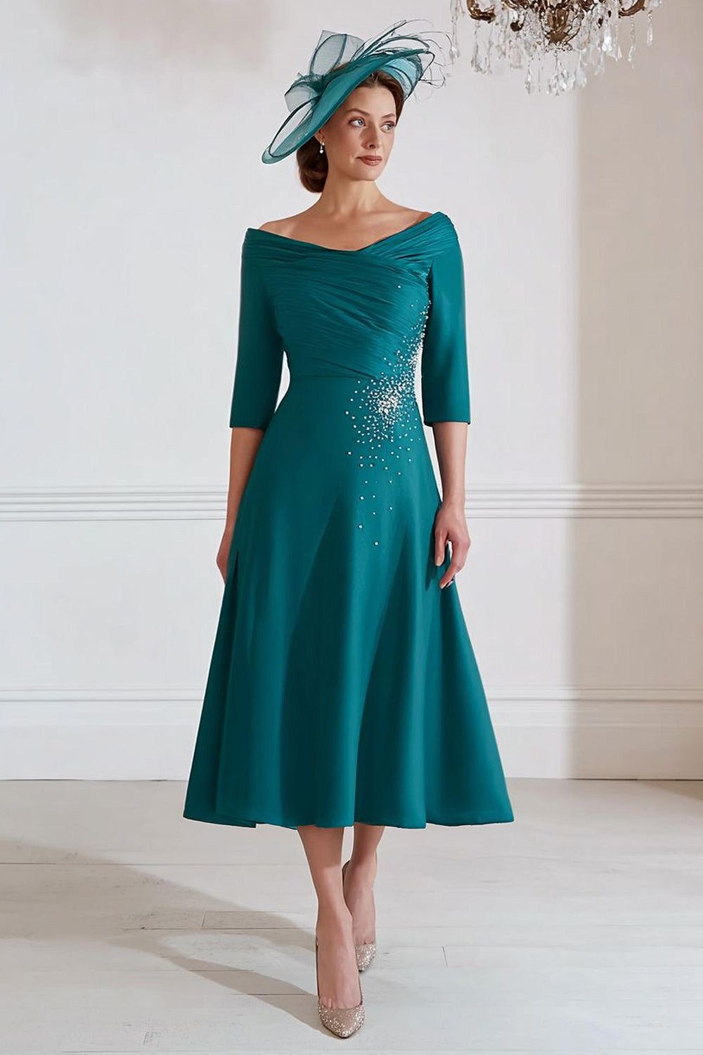 Sparkly Peacock Green Satin A Line Midi Wedding Guest Dress with Beading