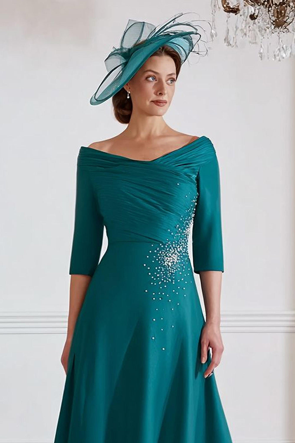 Sparkly Peacock Green Satin A Line Midi Wedding Guest Dress with Beading
