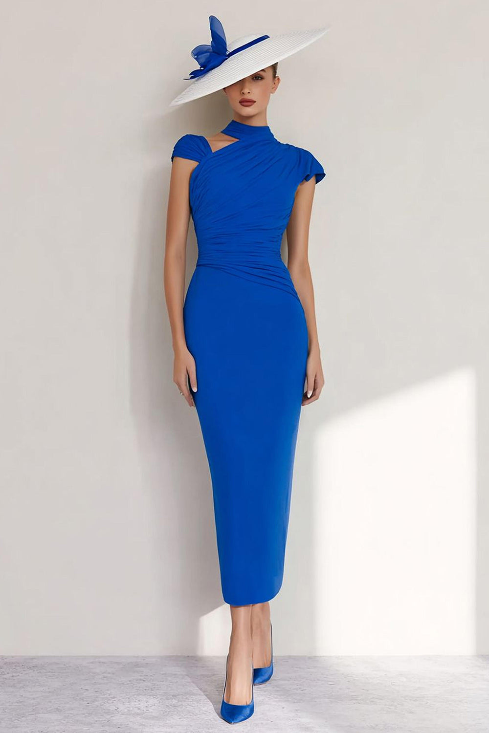 Royal Blue Bodycon Chiffon High Neck Ruched Long Wedding Guest Dress