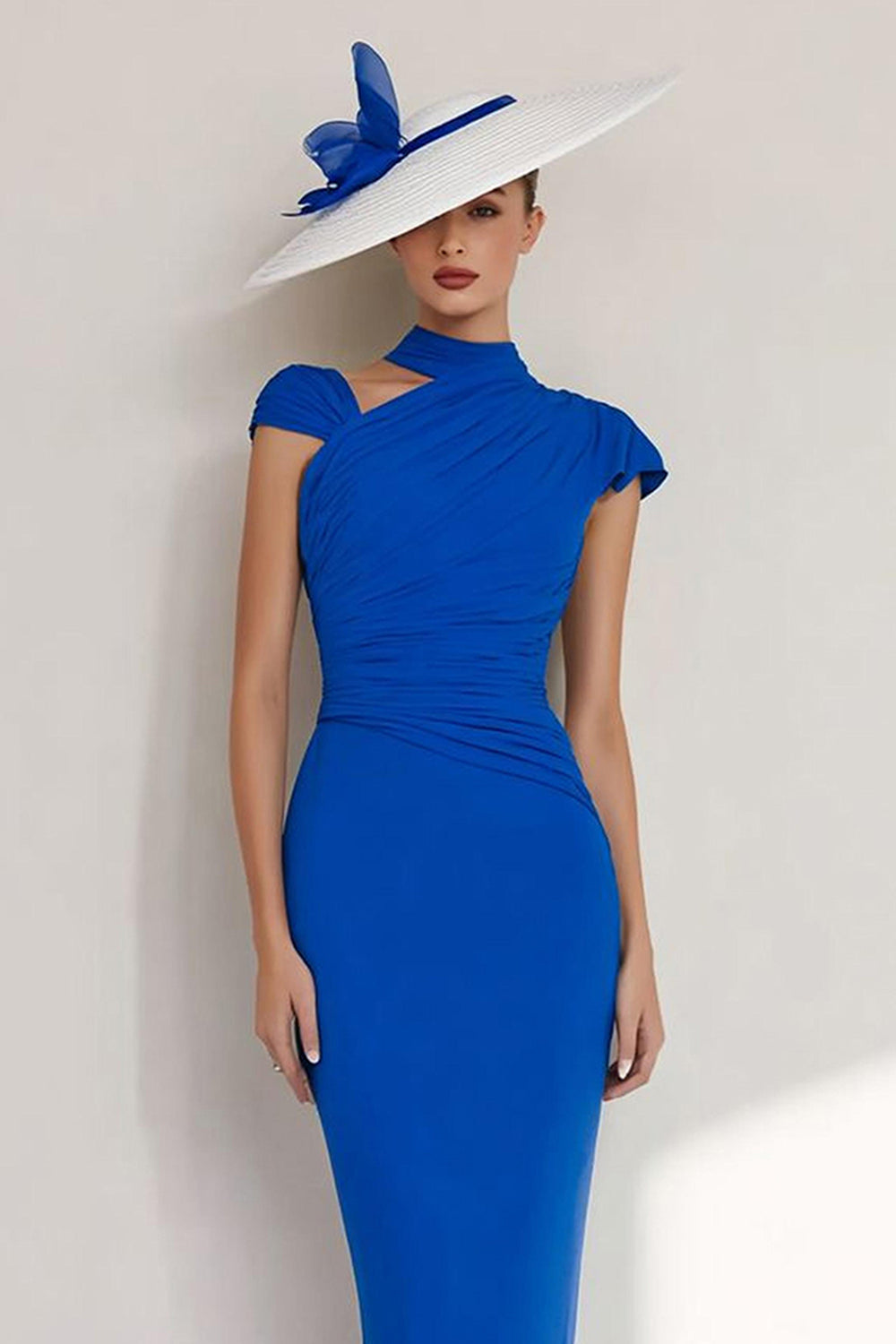 Royal Blue Bodycon Chiffon High Neck Ruched Long Wedding Guest Dress