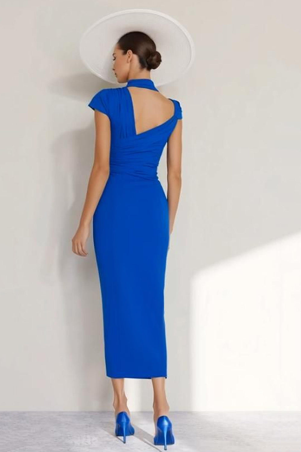 Royal Blue Bodycon Chiffon High Neck Ruched Long Wedding Guest Dress