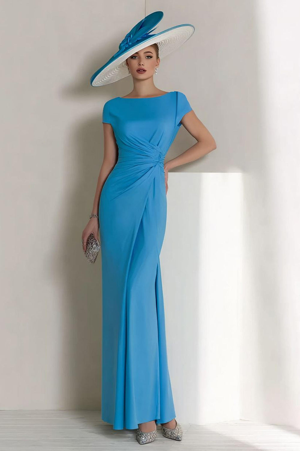 Blue Sheath Chiffon Boat Neck Ruched Long Wedding Guest Dress with Sleeves