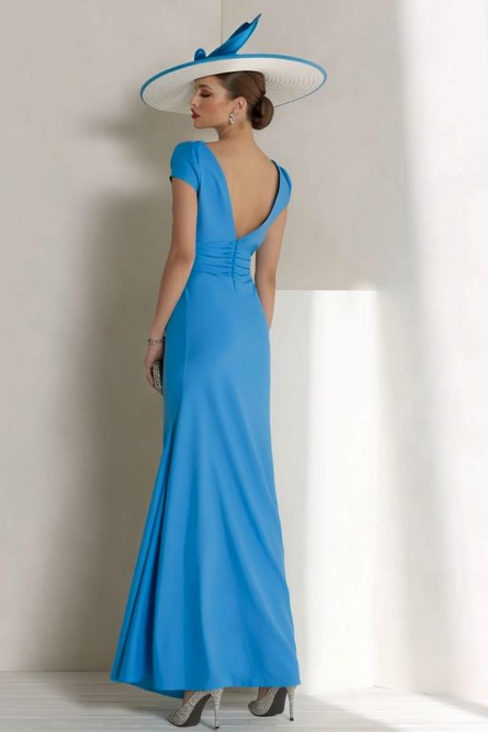 Blue Sheath Chiffon Boat Neck Ruched Long Wedding Guest Dress with Sleeves