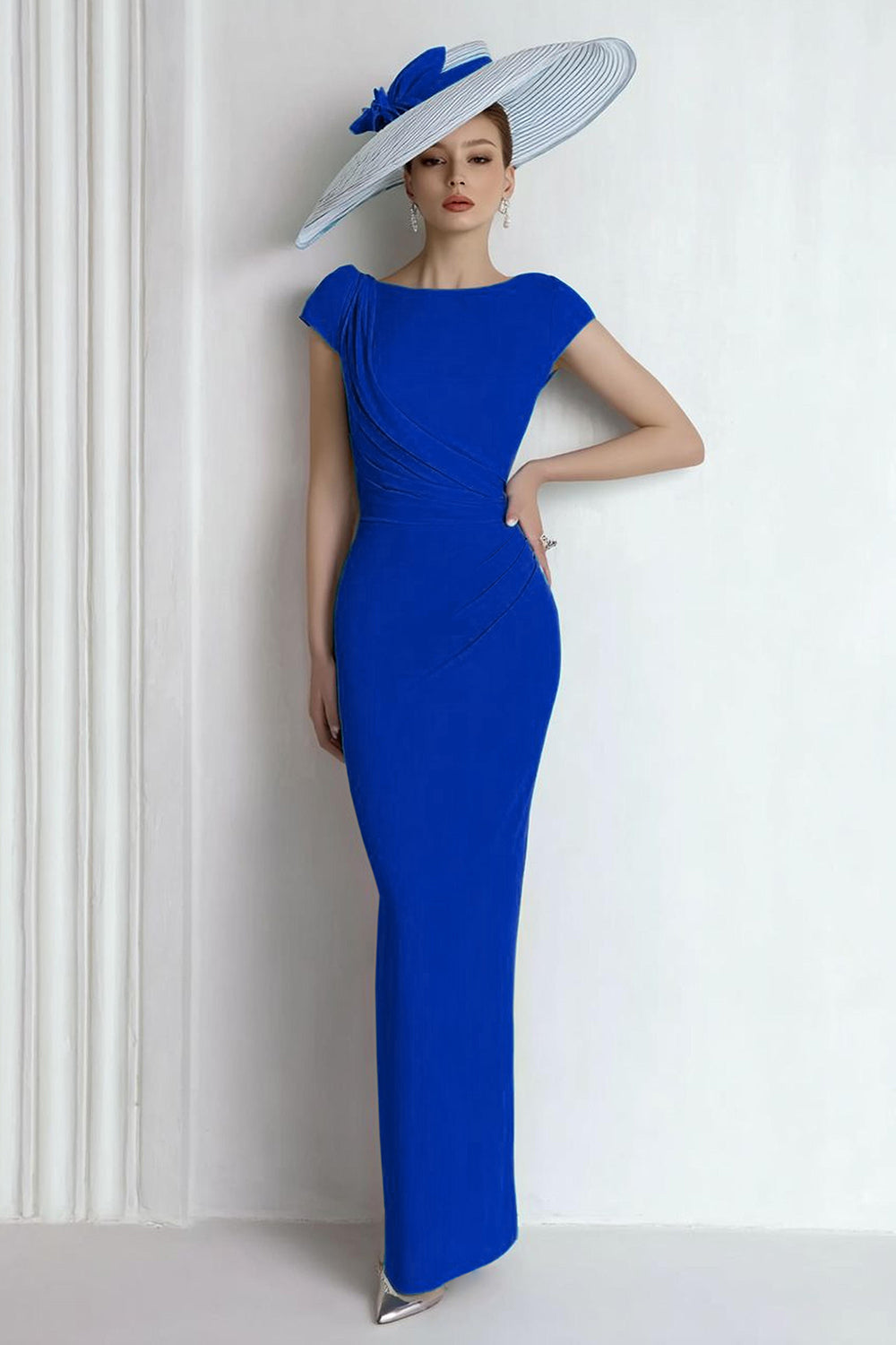 Blue Mermaid Chiffon Boat Neck Long Wedding Guest Dress with Sleeves