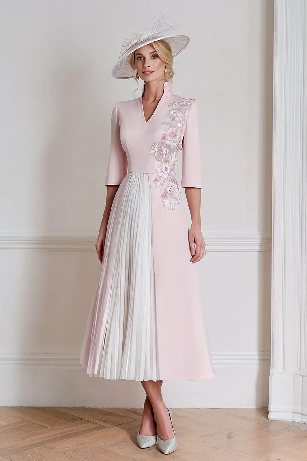 Floral Candy Pink A Line Pleated Half Sleeves Midi Wedding Guest Dress with Appliques