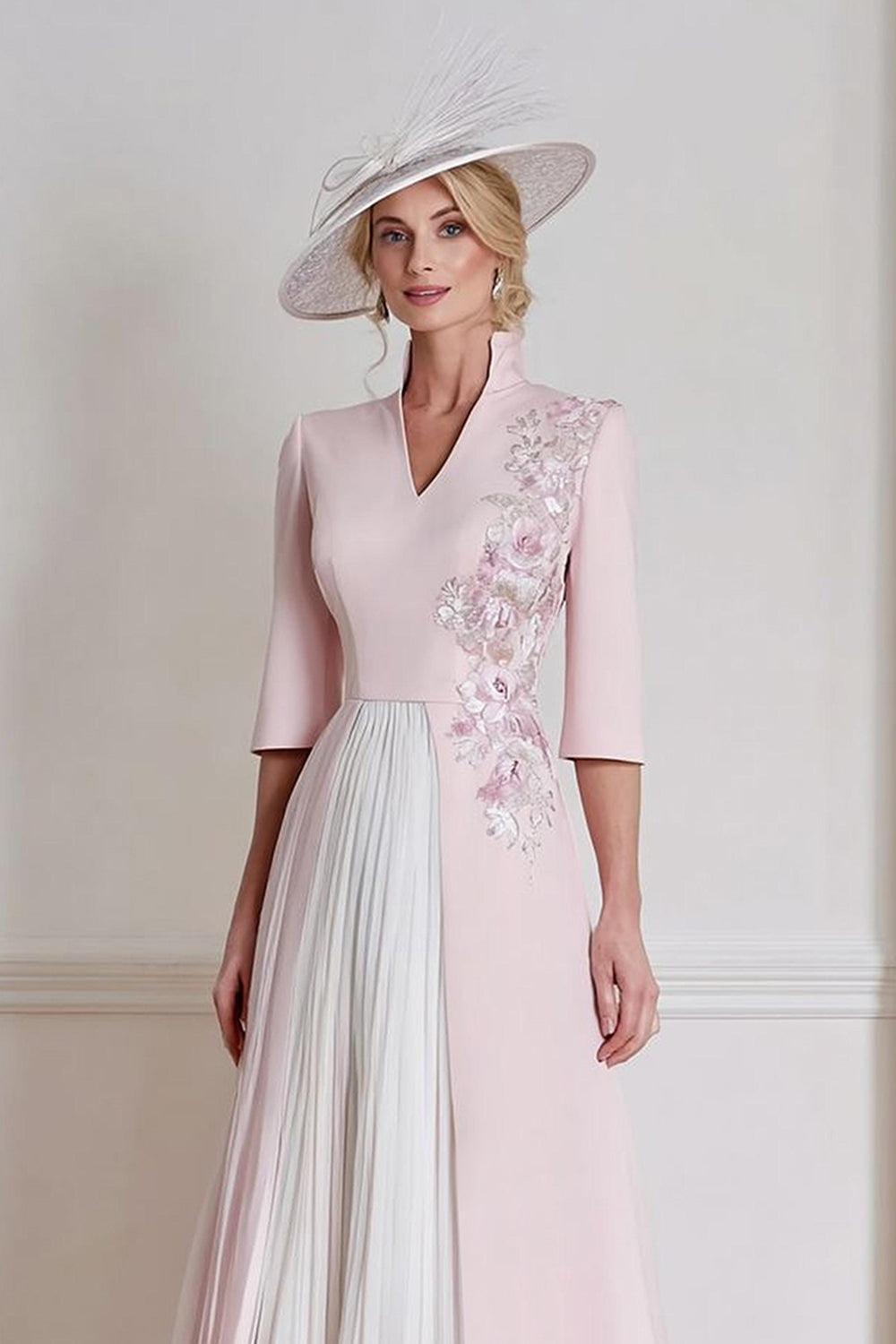 Floral Candy Pink A Line Pleated Half Sleeves Midi Wedding Guest Dress with Appliques