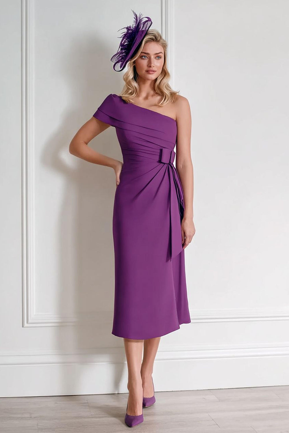 Grape Chiffon One Shoulder Ruched Midi Wedding Guest Dress with Bow