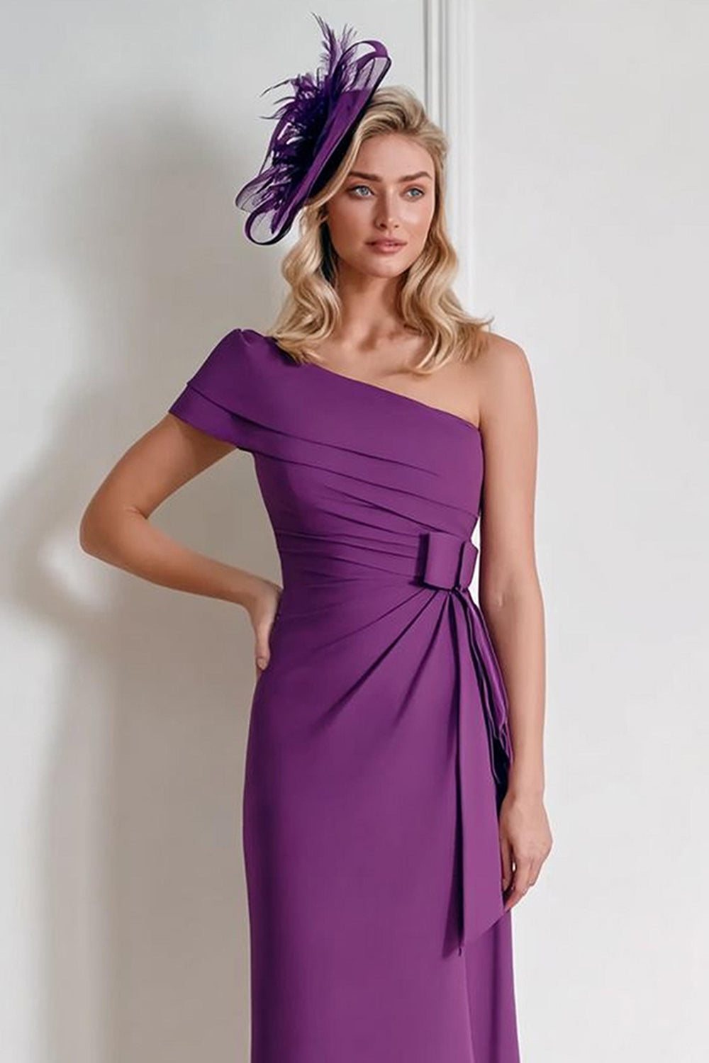 Grape Chiffon One Shoulder Ruched Midi Wedding Guest Dress with Bow
