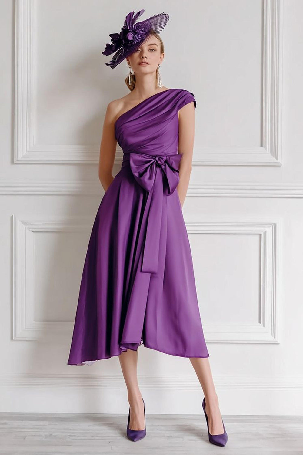 Grape A Line Ruched One Shoulder Midi Wedding Guest Dress with Bow