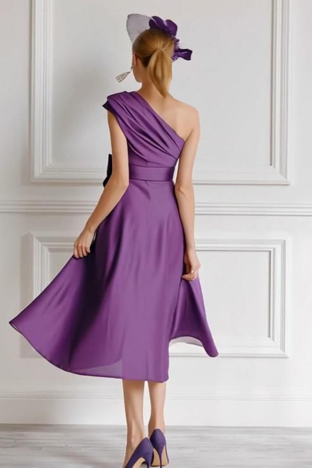 Grape A Line Ruched One Shoulder Midi Wedding Guest Dress with Bow