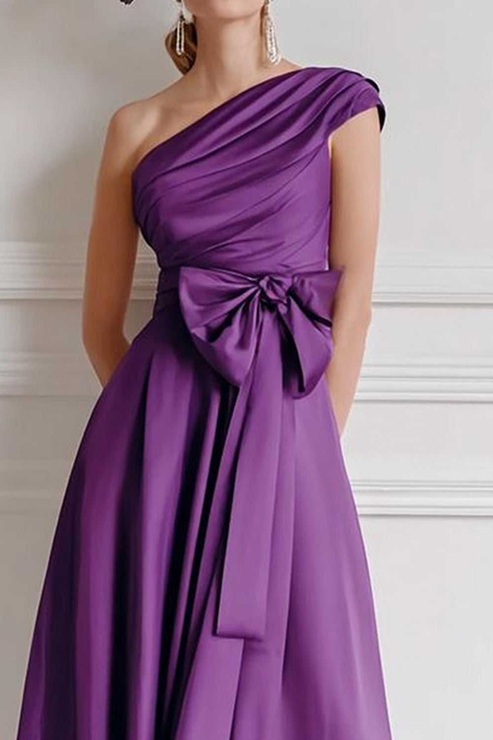 Grape A Line Ruched One Shoulder Midi Wedding Guest Dress with Bow