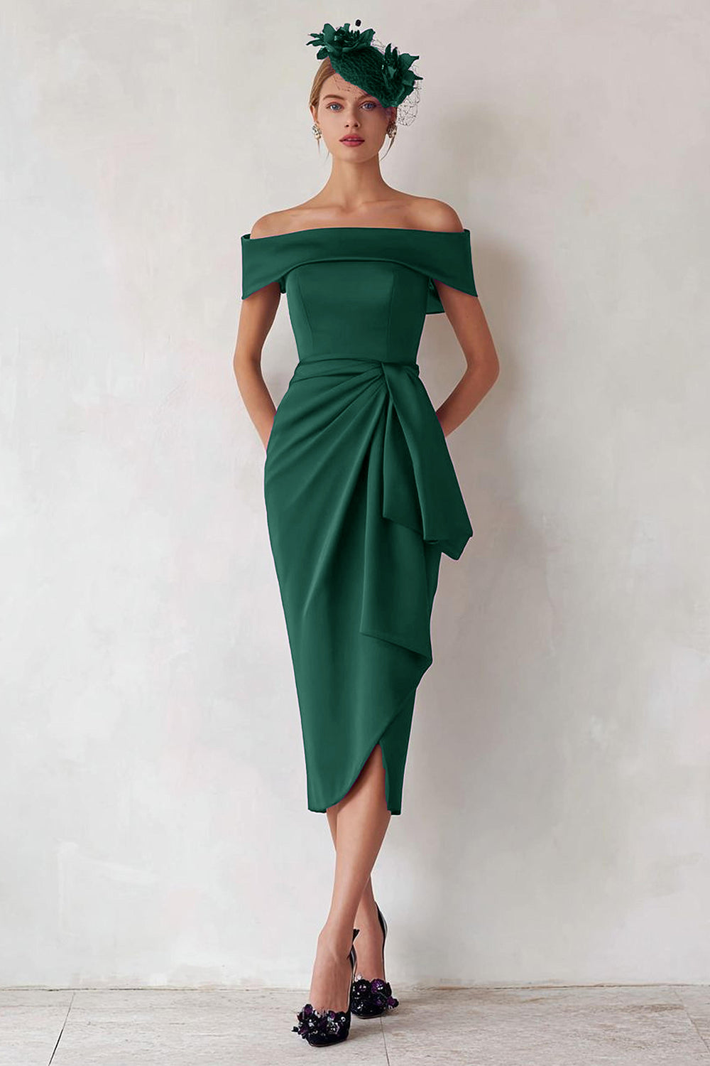 Dark Green Satin Ruched Off the Shoulder Midi Wedding Guest Dress with Sash