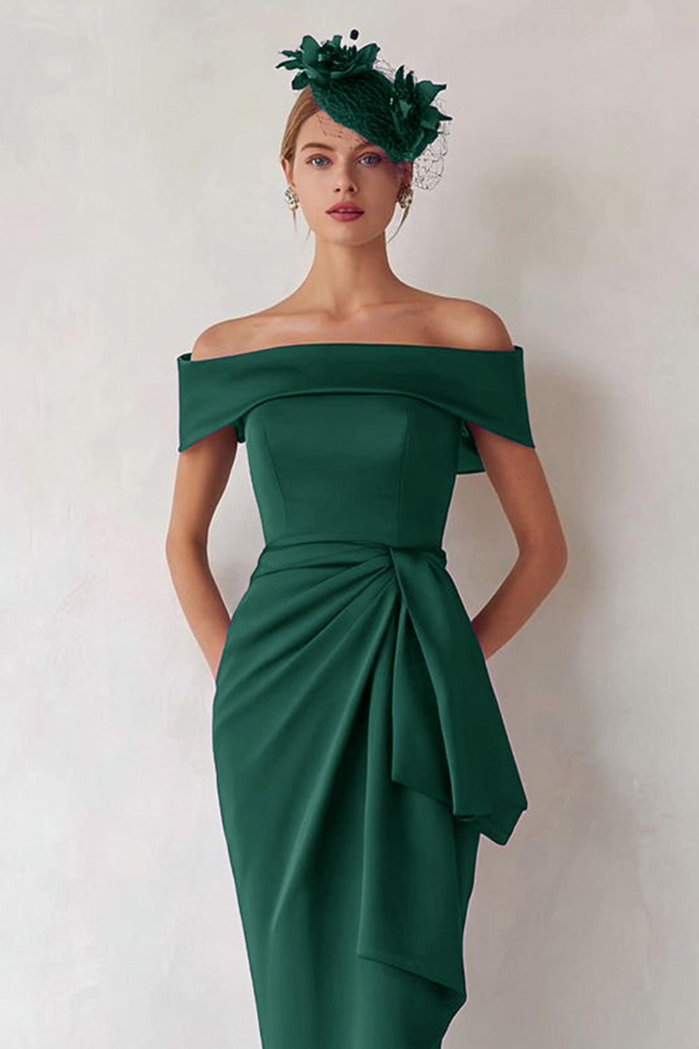 Dark Green Satin Ruched Off the Shoulder Midi Wedding Guest Dress with Sash