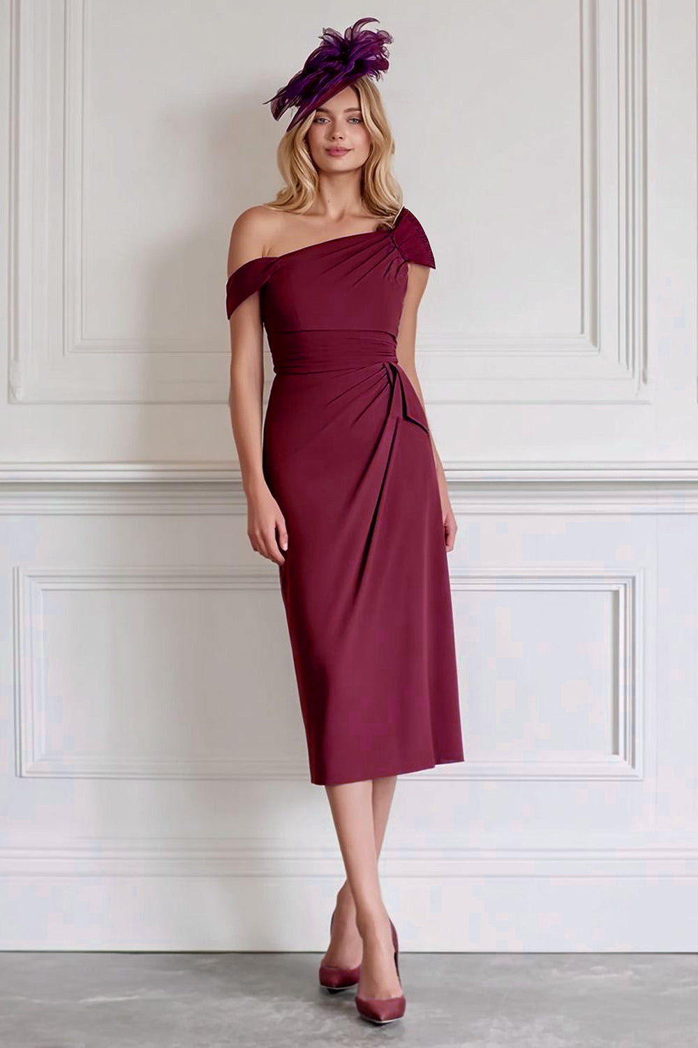Burgundy Pencil Satin One Shoulder Midi Wedding Guest Dress