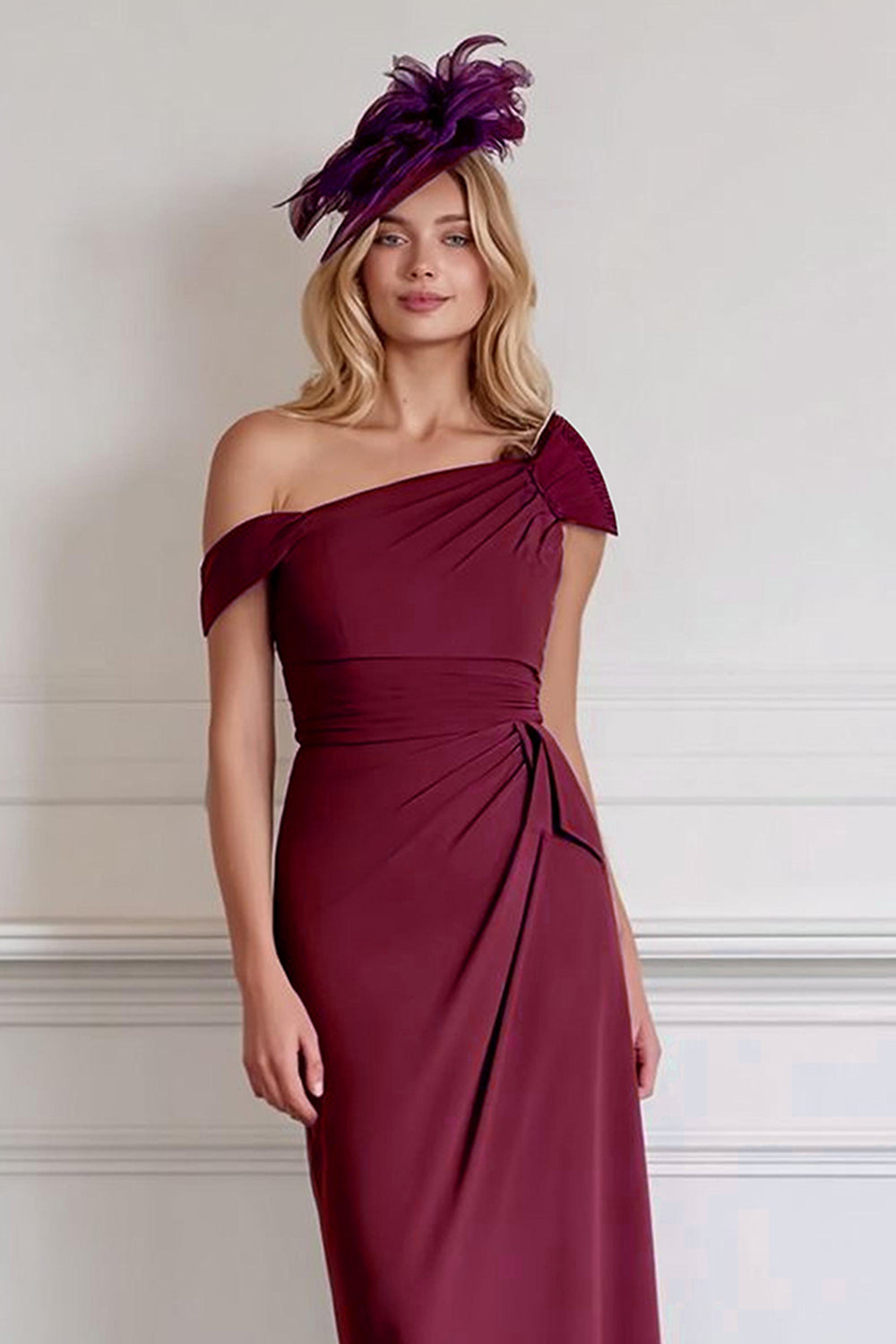 Burgundy Pencil Satin One Shoulder Midi Wedding Guest Dress