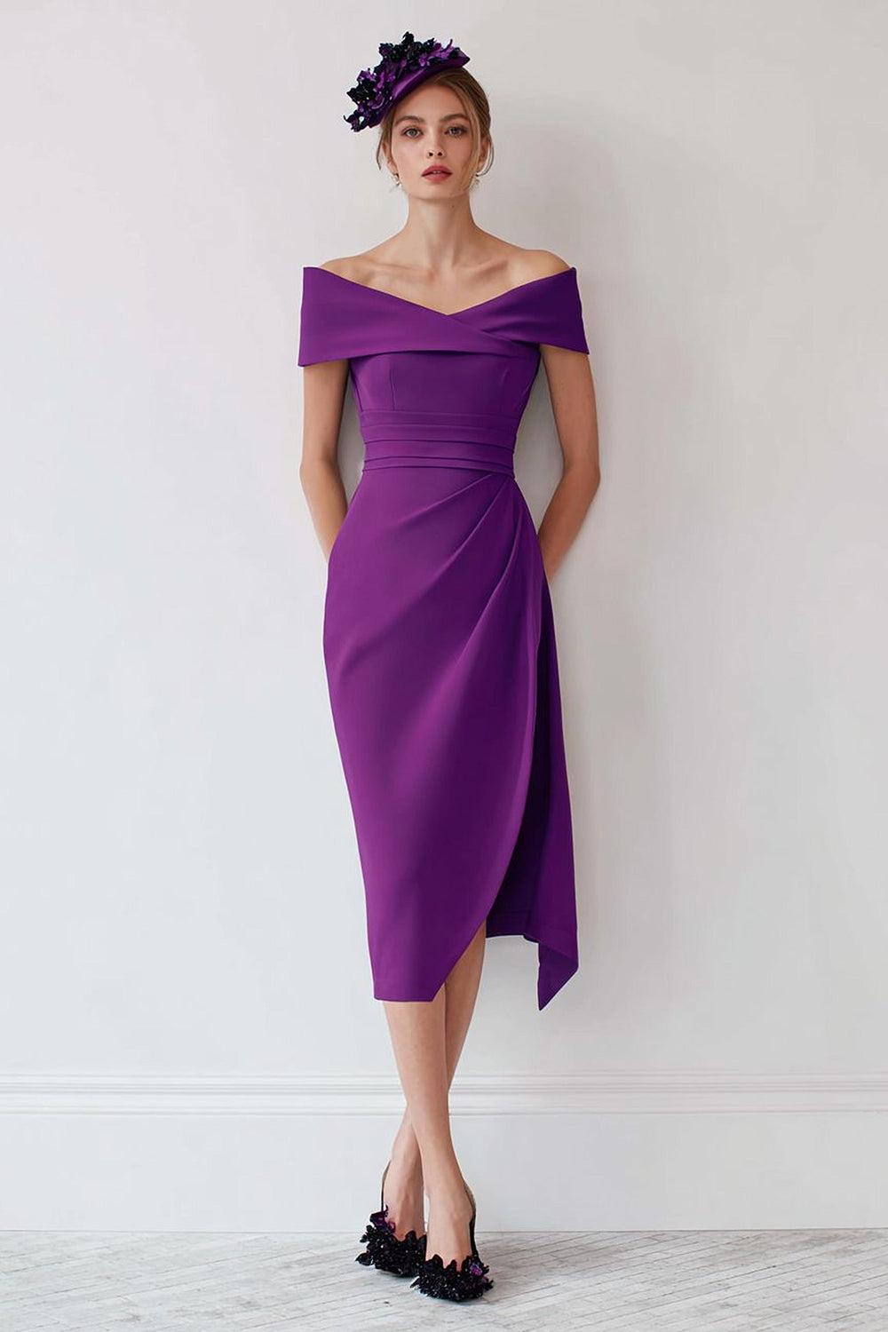 Grape Pencil Satin Off the Shoulder Midi Wedding Guest Dress with Slit