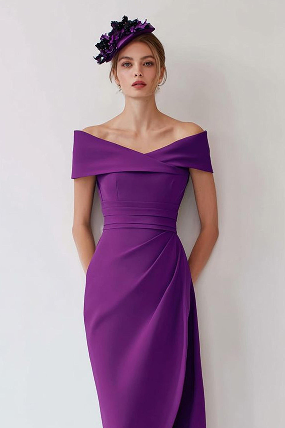 Grape Pencil Satin Off the Shoulder Midi Wedding Guest Dress with Slit