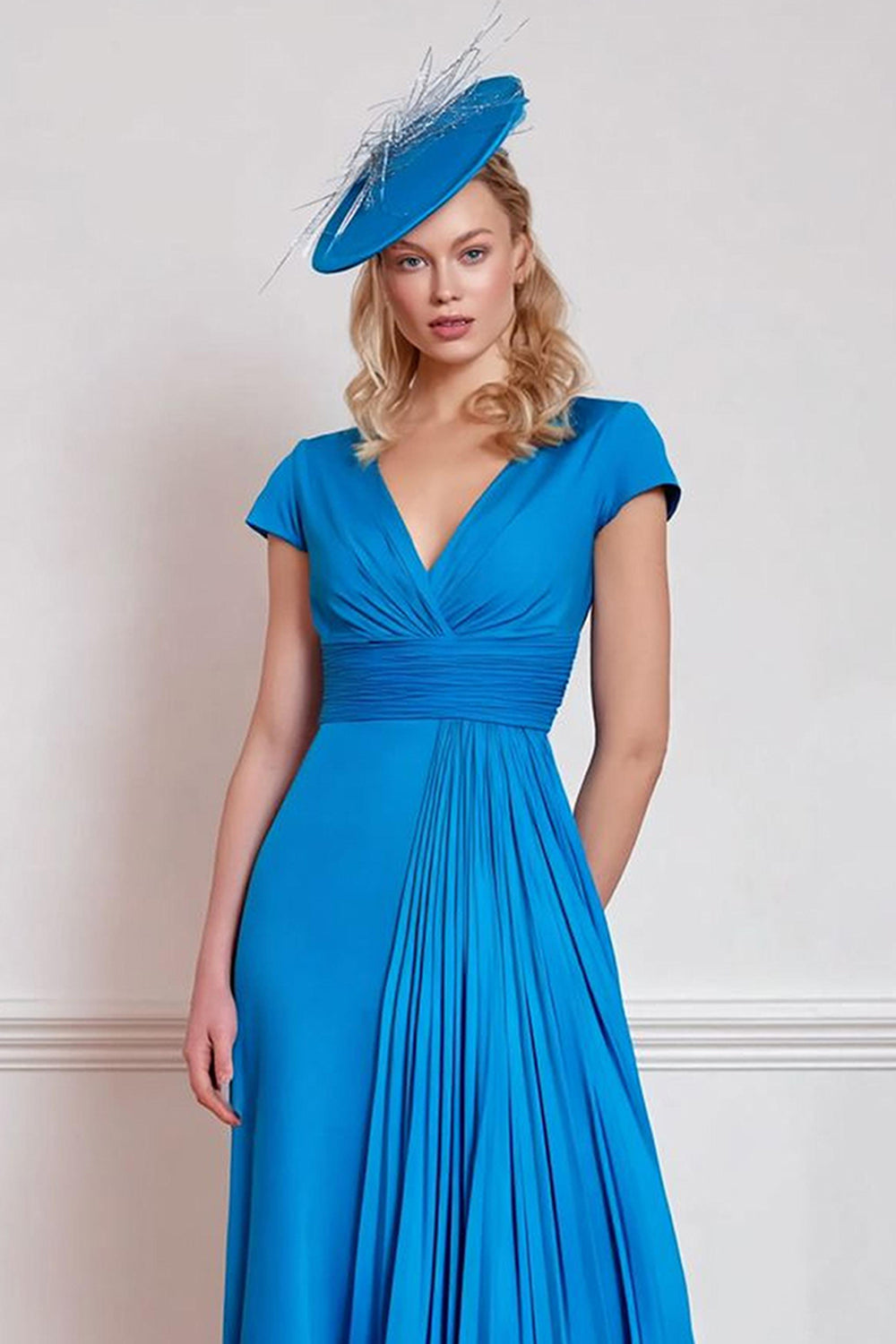 Blue A Line V-Neck Pleated Maxi Wedding Guest Dress with Sleeves