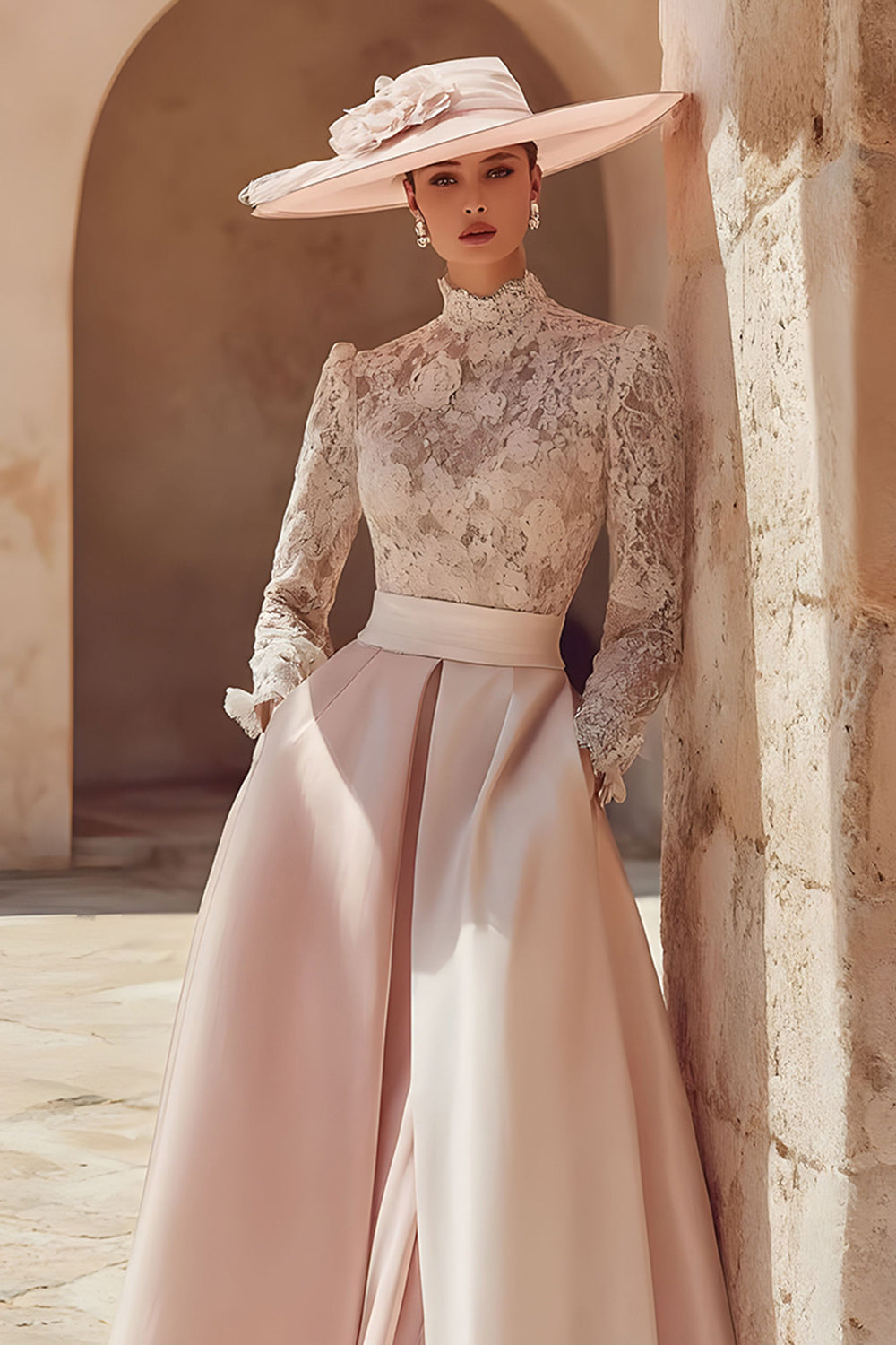 Candy Pink High Neck A Line Long Wedding Guest Dress with Lace