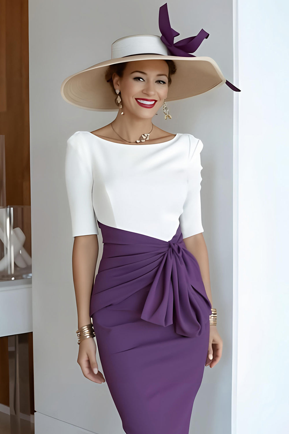 Grape Bodycon Scoop Neck Half Sleeves Midi Wedding Guest Dress with Cape