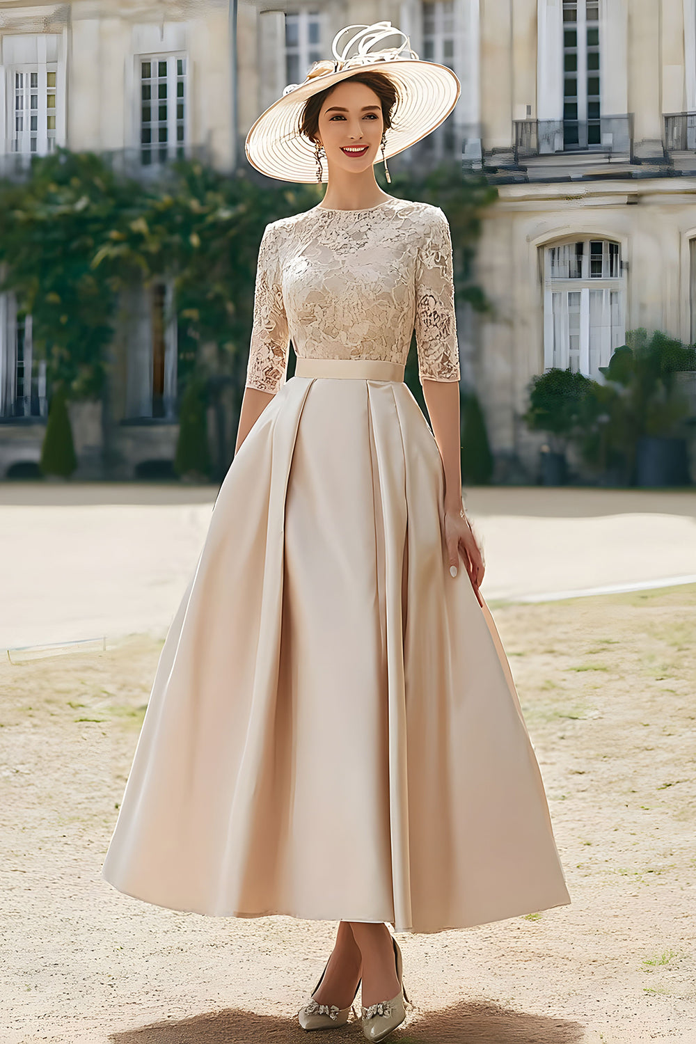 Blush Pink A Line Satin Long Wedding Guest Dress with Lace