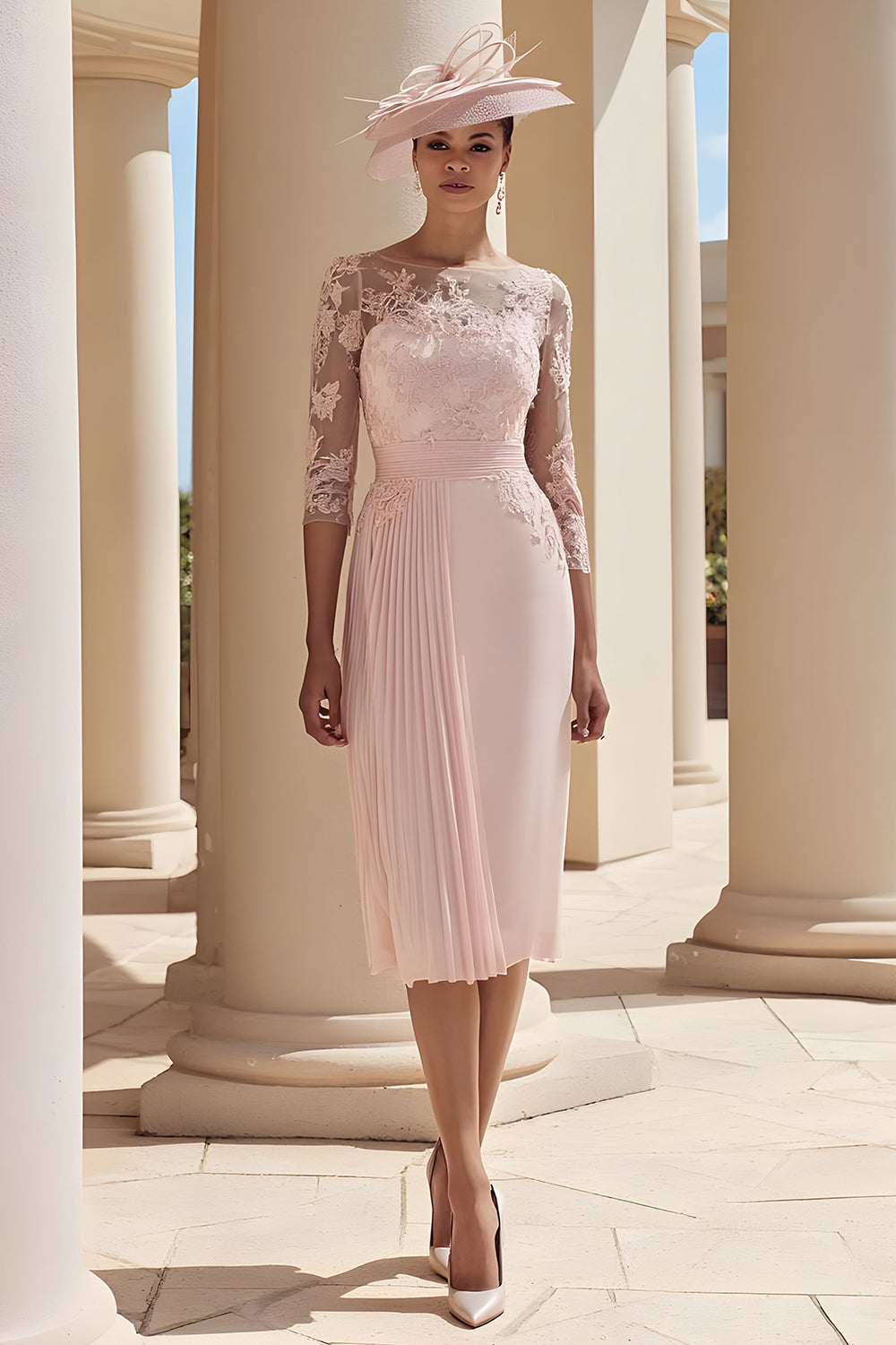 Blush Chiffon Pink Illusion Boat Neck Pleated Midi Wedding Guest Dress with Lace