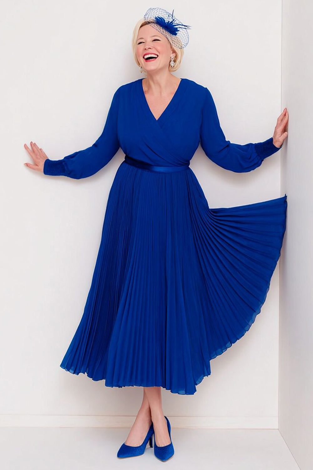 Dark Blue A Line Chiffon V-Neck Pleated Long Sleeves Wedding Guest Dress