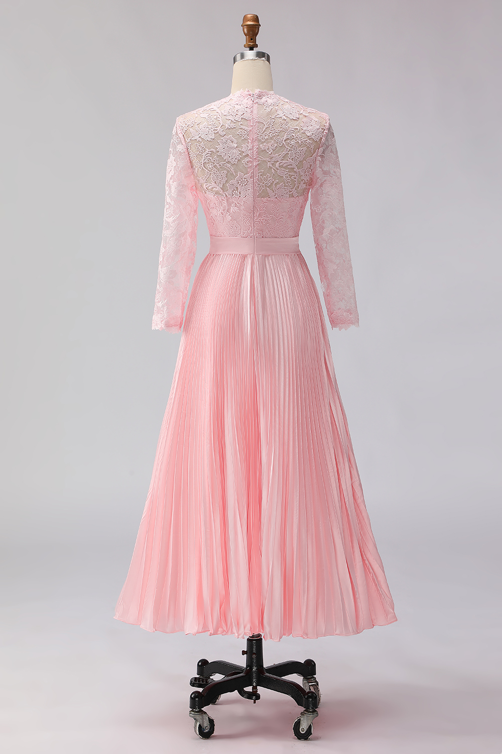 Blush Pink Chiffon A Line Pleated Midi Wedding Guest Dress with Lace