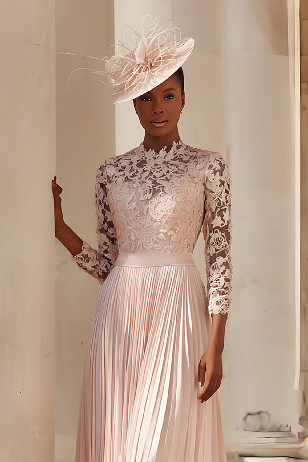 Blush Pink Chiffon A Line Pleated Midi Wedding Guest Dress with Lace