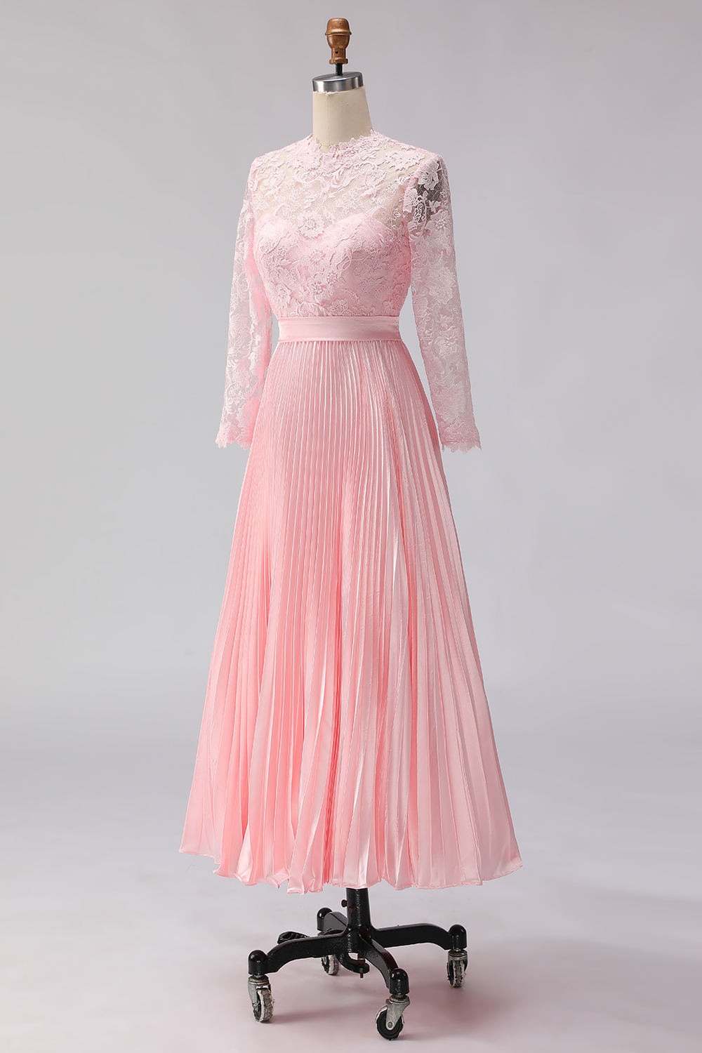Blush Pink Chiffon A Line Pleated Midi Wedding Guest Dress with Lace