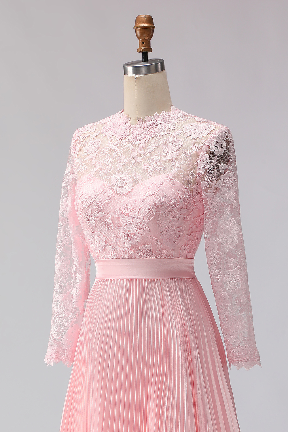 Blush Pink Chiffon A Line Pleated Midi Wedding Guest Dress with Lace