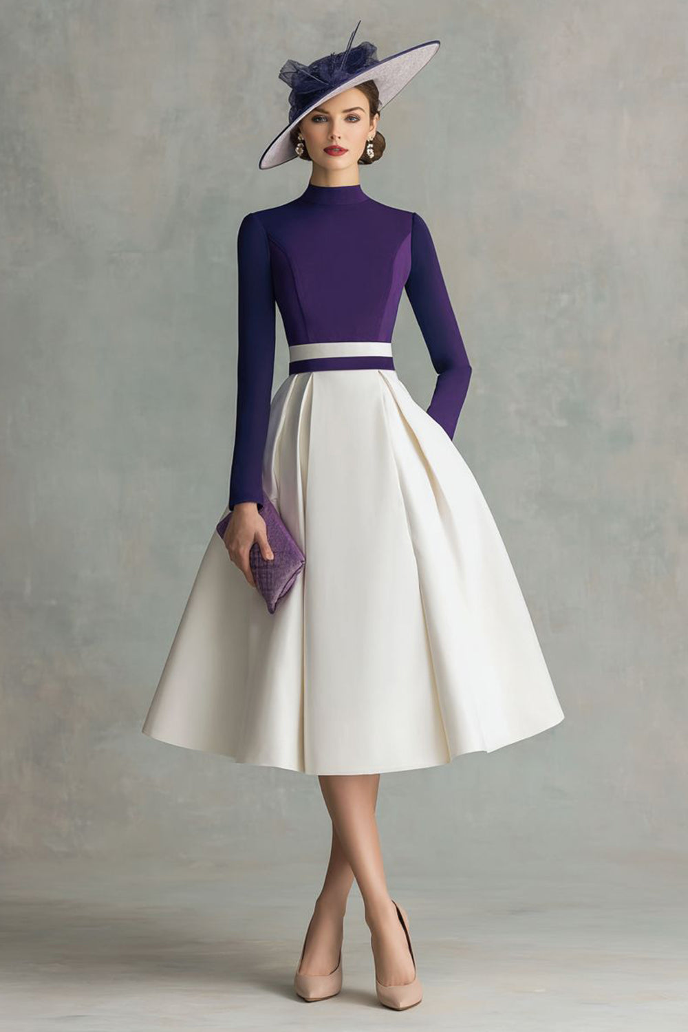Plum Satin A Line High Neck Midi Wedding Guest Dress with Sleeves