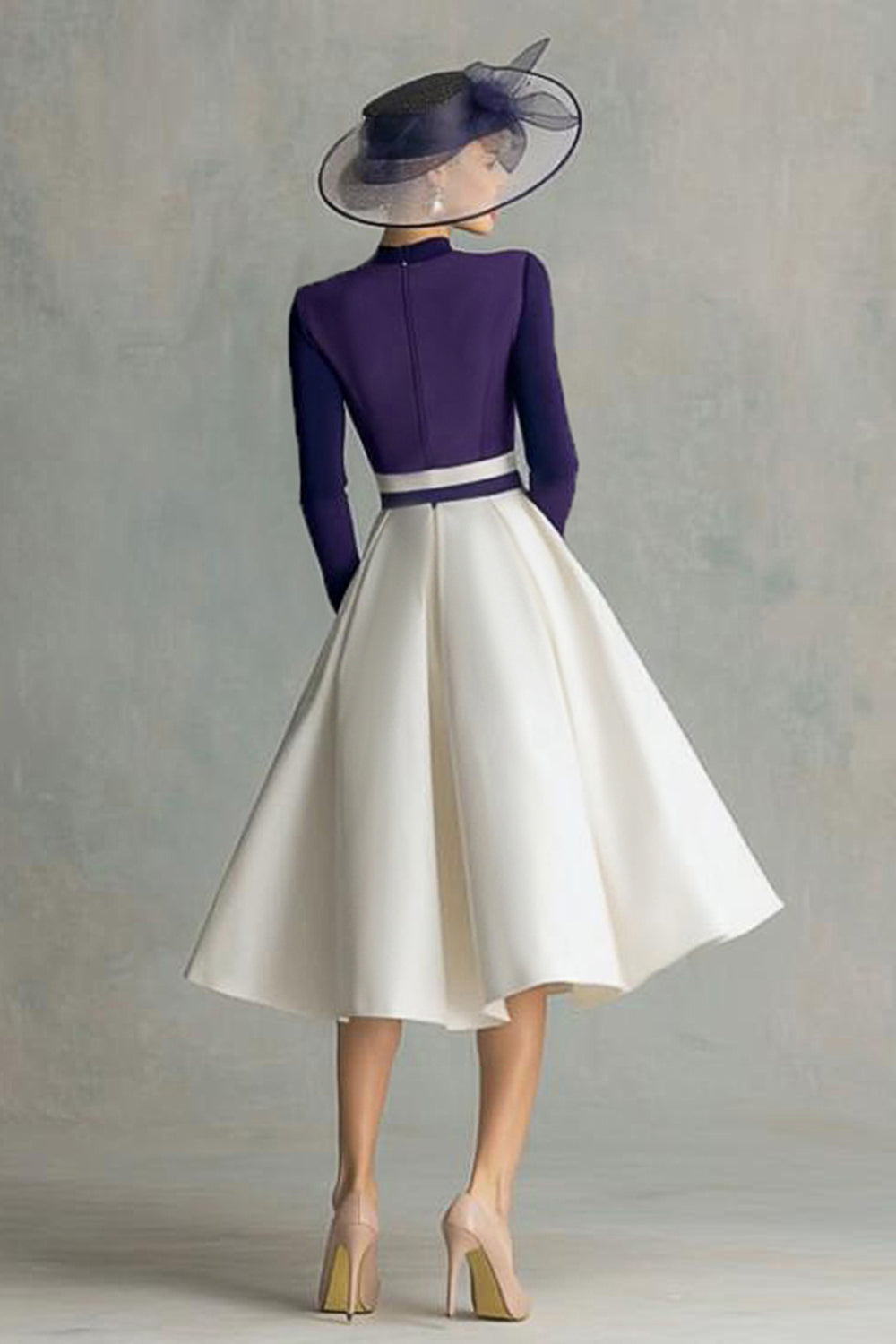 Plum Satin A Line High Neck Midi Wedding Guest Dress with Sleeves