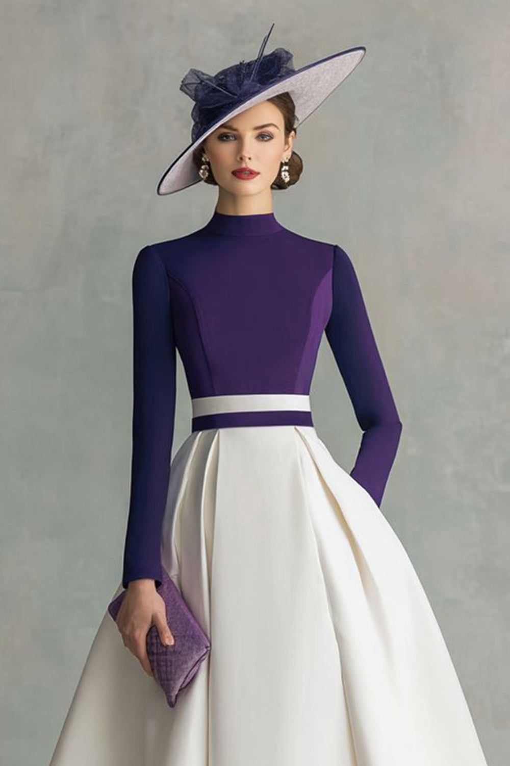 Plum Satin A Line High Neck Midi Wedding Guest Dress with Sleeves
