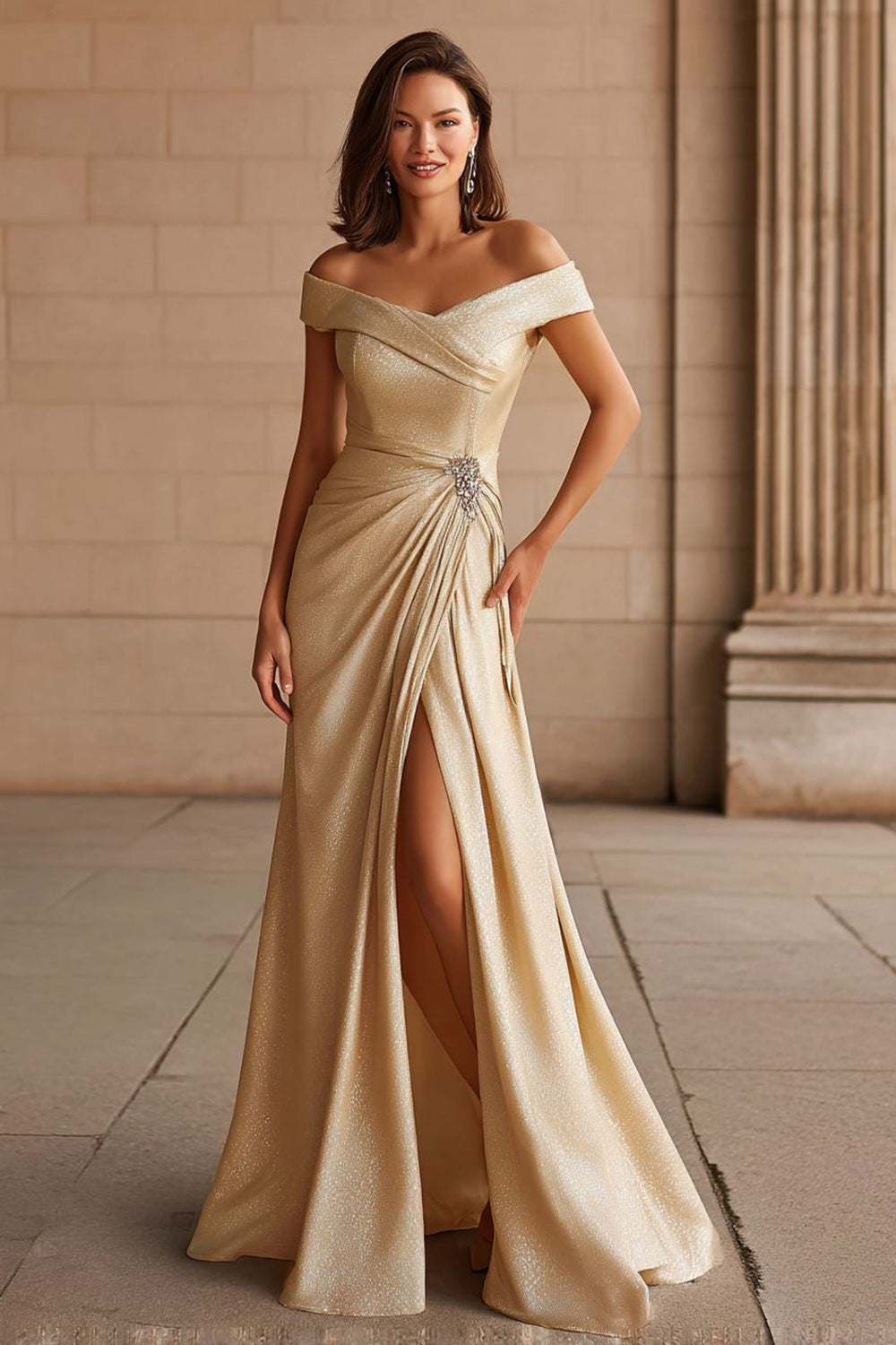 Champagne Metallic Off the Shoulder Long Wedding Guest Dress with Slit