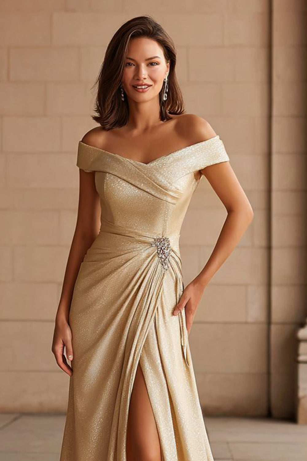 Champagne Metallic Off the Shoulder Long Wedding Guest Dress with Slit