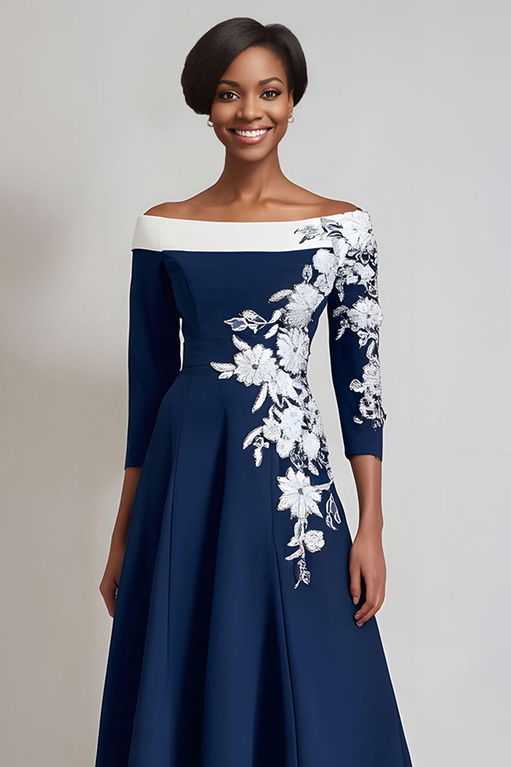 Floral Navy Satin A Line Midi Wedding Guest Dress with Sleeves