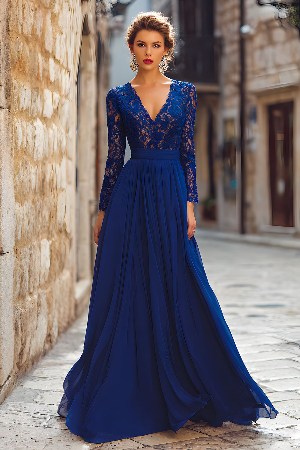 Dark Blue Chiffon A Line V-Neck Long Wedding Guest Dress with Lace