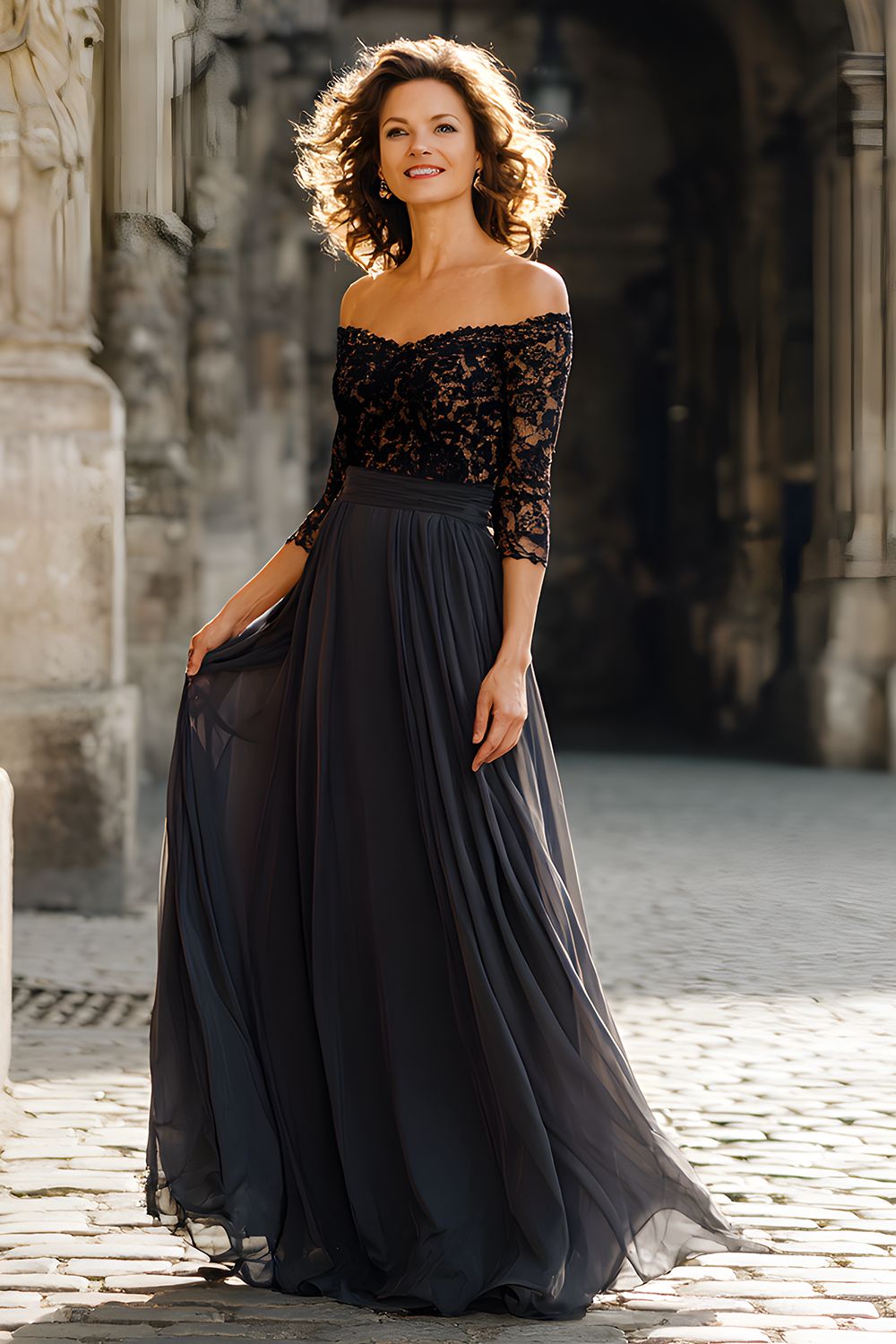 Black Chiffon Off the Shoulder Long Wedding Guest Dress with Lace