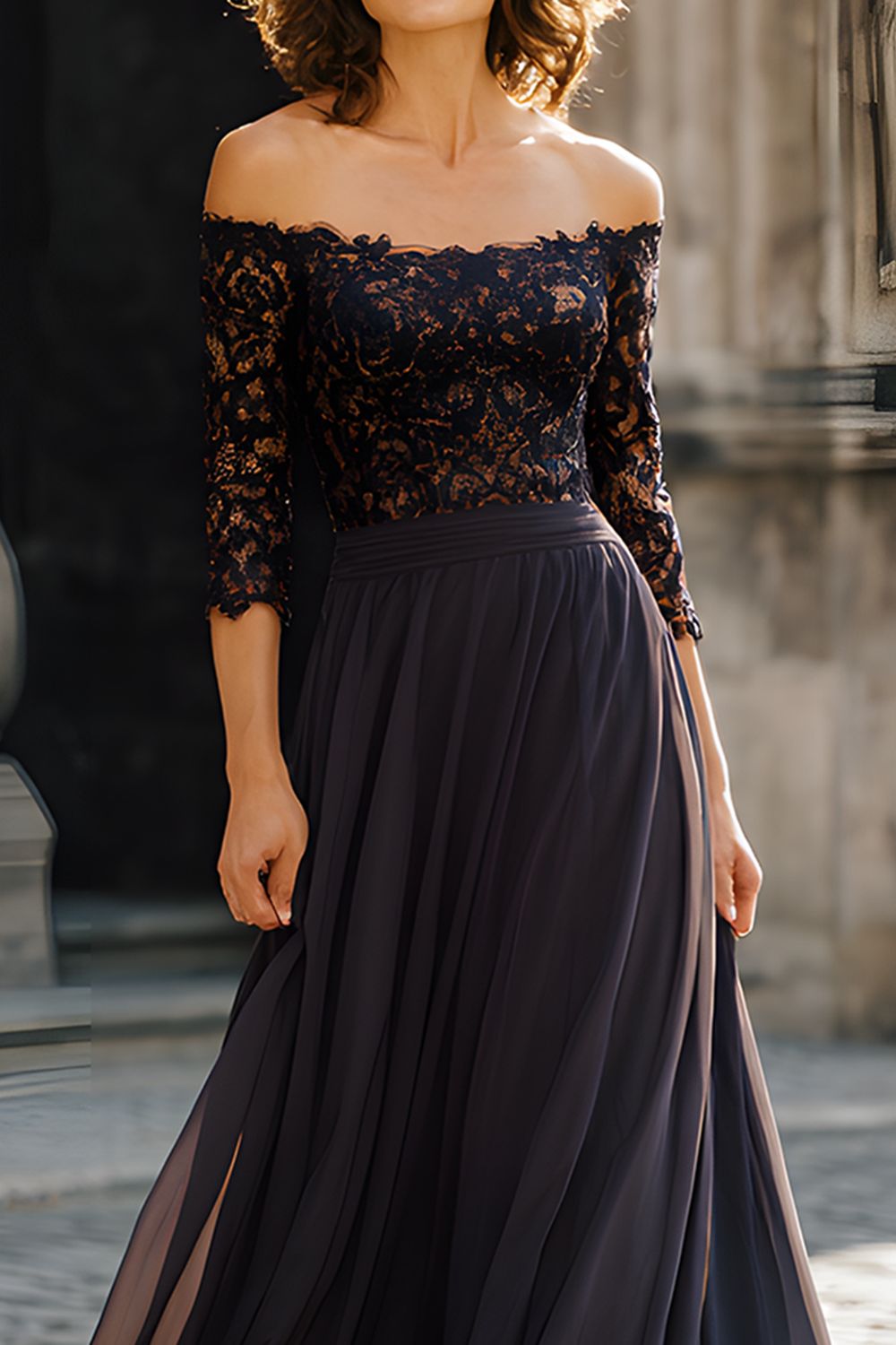Black Chiffon Off the Shoulder Long Wedding Guest Dress with Lace