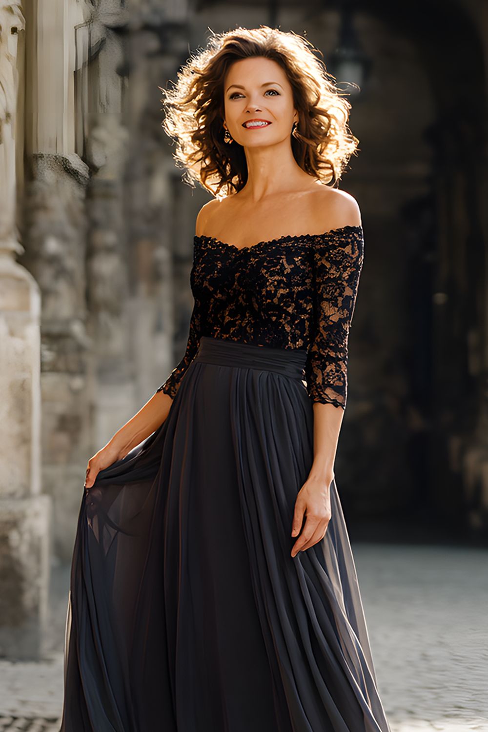 Black Chiffon Off the Shoulder Long Wedding Guest Dress with Lace