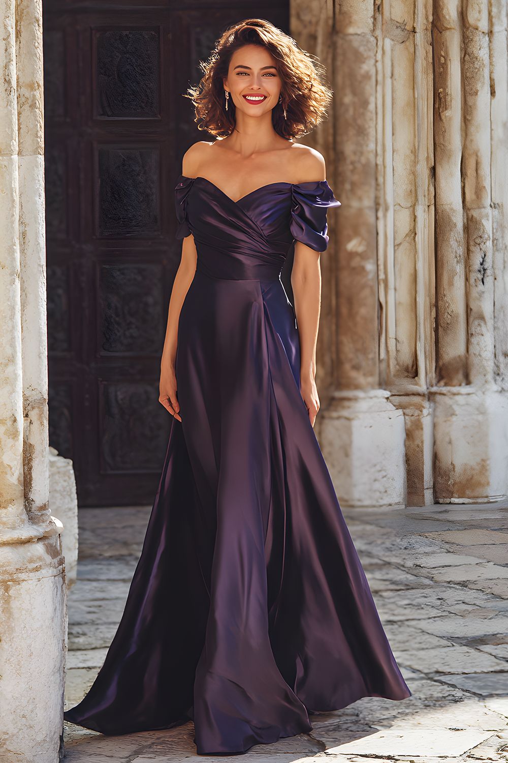 Plum Satin Sheath Off the Shoulder Ruched Long Wedding Guest Dress