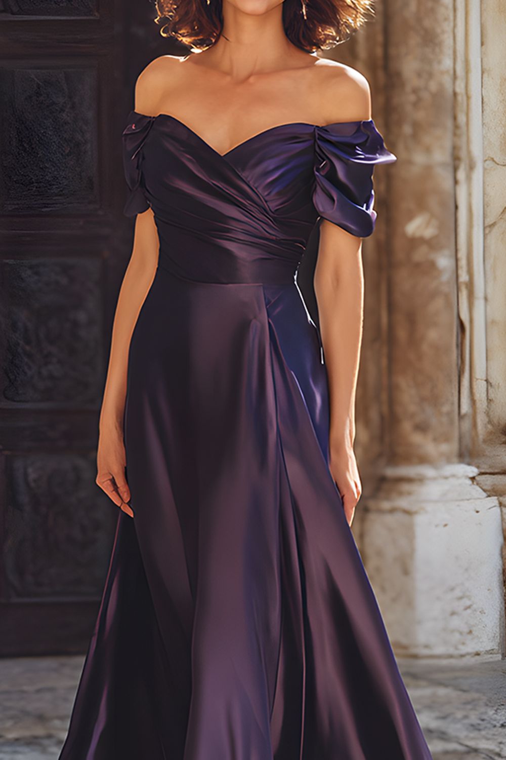 Plum Satin Sheath Off the Shoulder Ruched Long Wedding Guest Dress